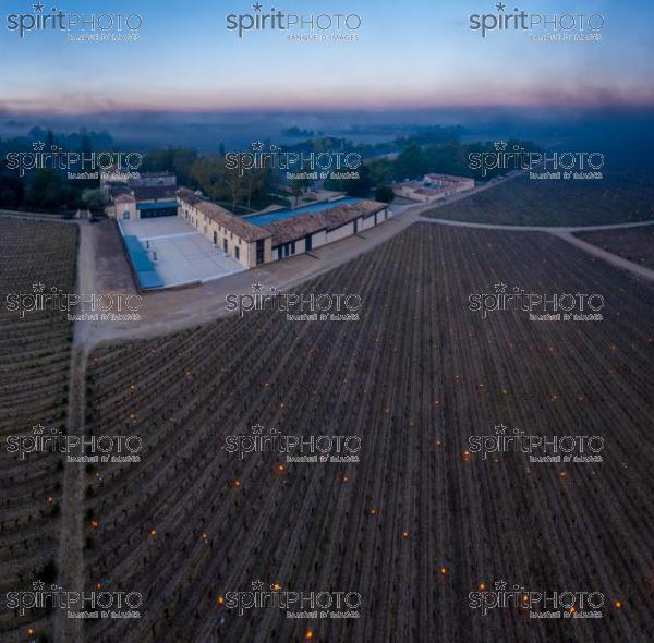 Aerial view, Château Figeac, Candles burning in vineyard during sub-zero temperatures of 7 April 2021. Saint-Emilion. Gironde, France. [Saint-Emilion / Bordeaux] (PANO0001-Panorama-4.jpg)